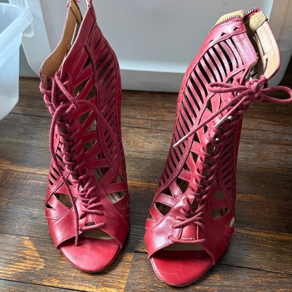 Nine West Red Lace-Up Cutout Peep-Toe Heels